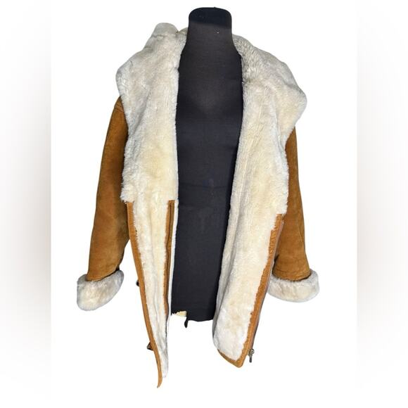 Y2K Brown Suede Fur Trim Lined Oversized Hooded Coat Womens Size XS Boho 70s - Picture 2 of 10